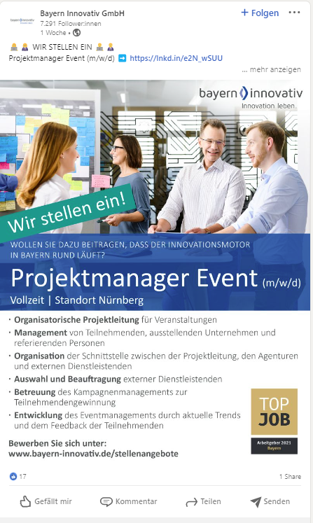 LinkedIn-Stellenanzeige von Bayern Innovativ mit Team im Büro und dem TOP JOB-Arbeitgebersiegel 2021 Bayern