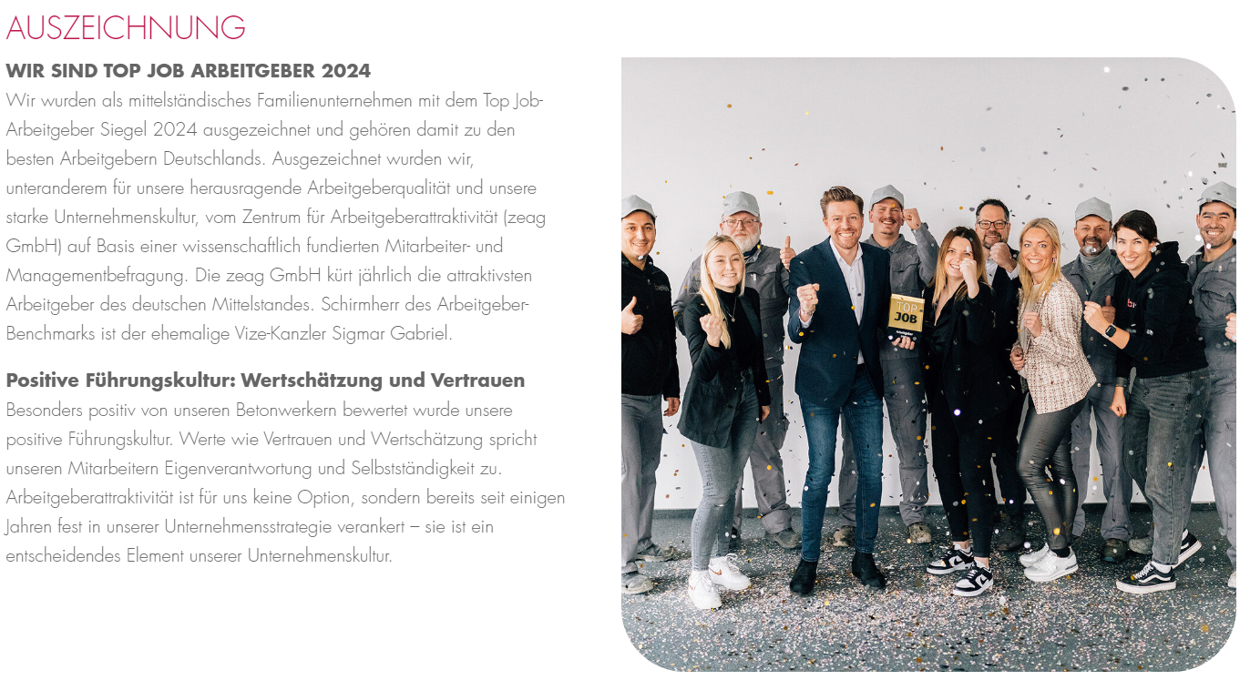 Website eines Betonwerks zur Auszeichnung TOP JOB-Arbeitgeber 2024: jubelndes Team mit der Trophäe im Konfettiregen