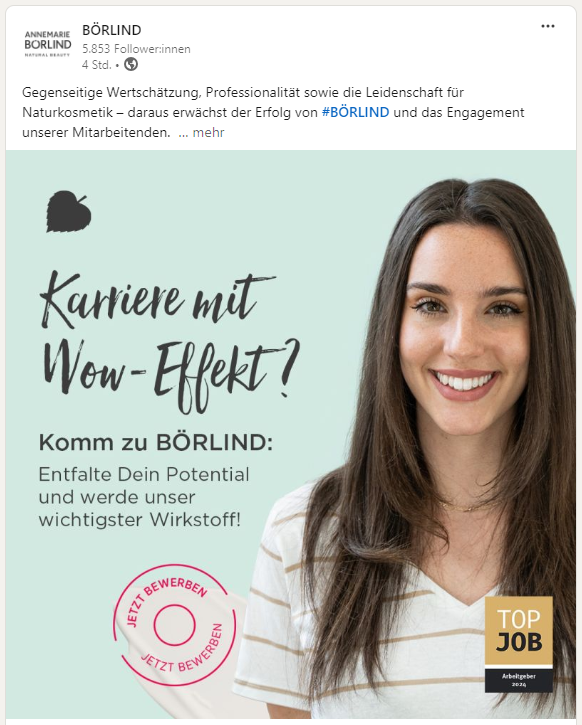 Recruiting-Beitrag von Börlind auf LinkedIn: lächelnde junge Frau, unten rechts das TOP JOB-Arbeitgebersiegel 2024