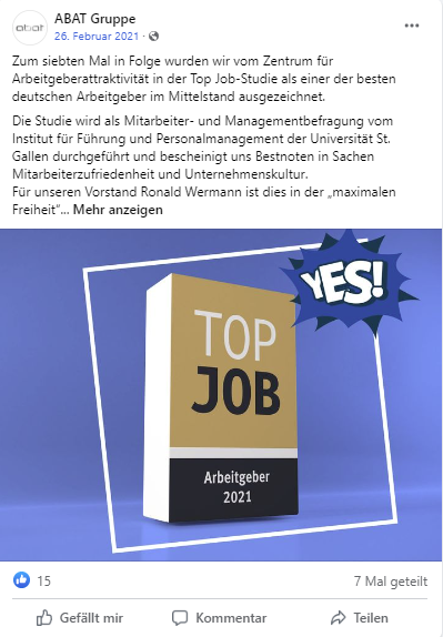 Facebook-Beitrag der ABAT Gruppe mit einer 3D-Grafik des TOP JOB-Arbeitgebersiegels 2021 vor blauem Hintergrund