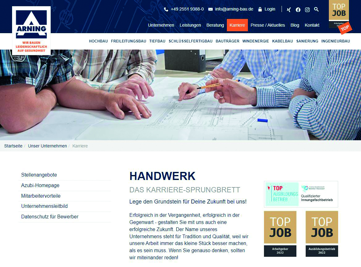 Karriereseite von Arning mit den Siegeln TOP JOB-Arbeitgeber und TOP JOB-Ausbildungsbetrieb 2022 neben dem Text